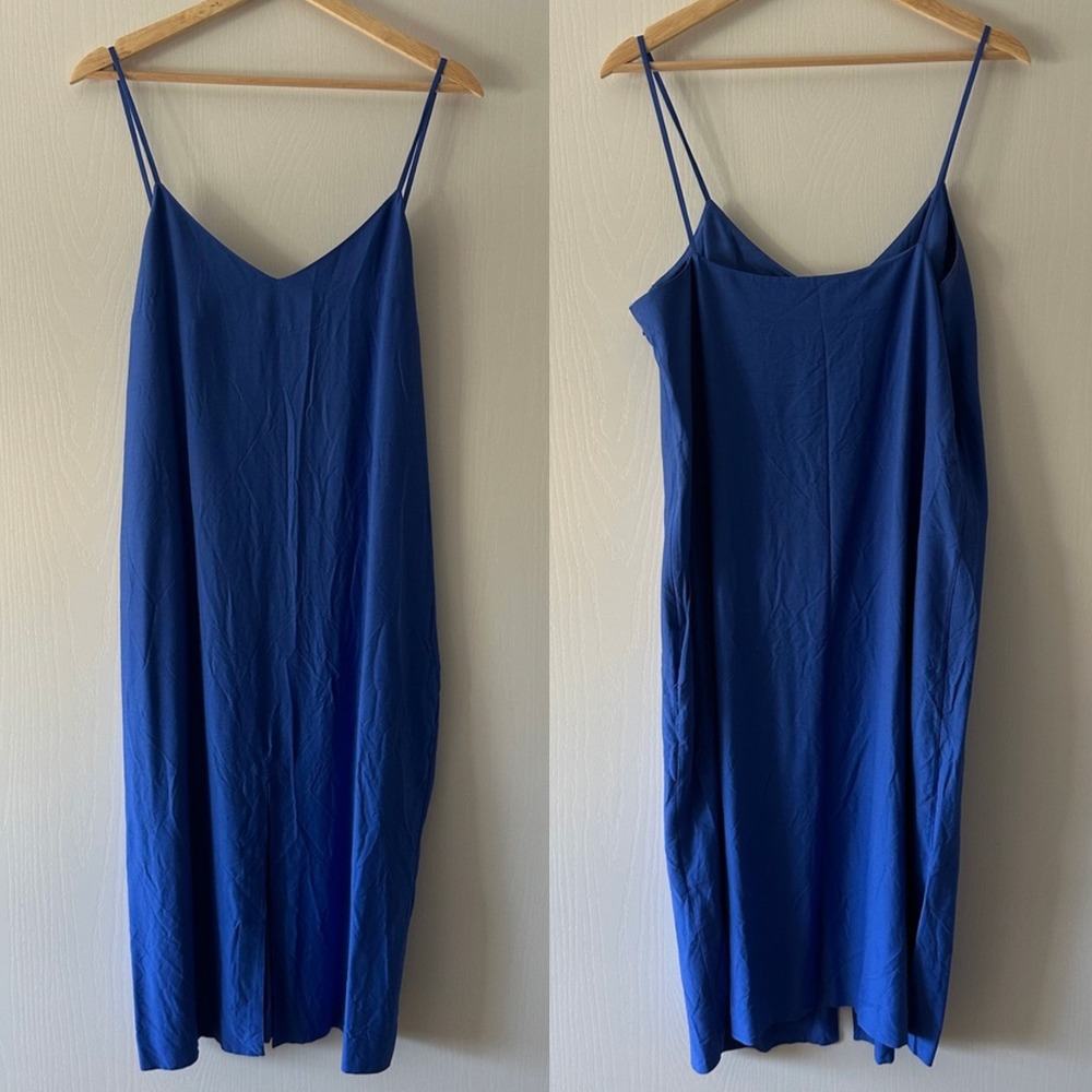& Other Stories Cobalt Blue Slip Dress Midi V-Neck Minimalist Luxury US 12 Large